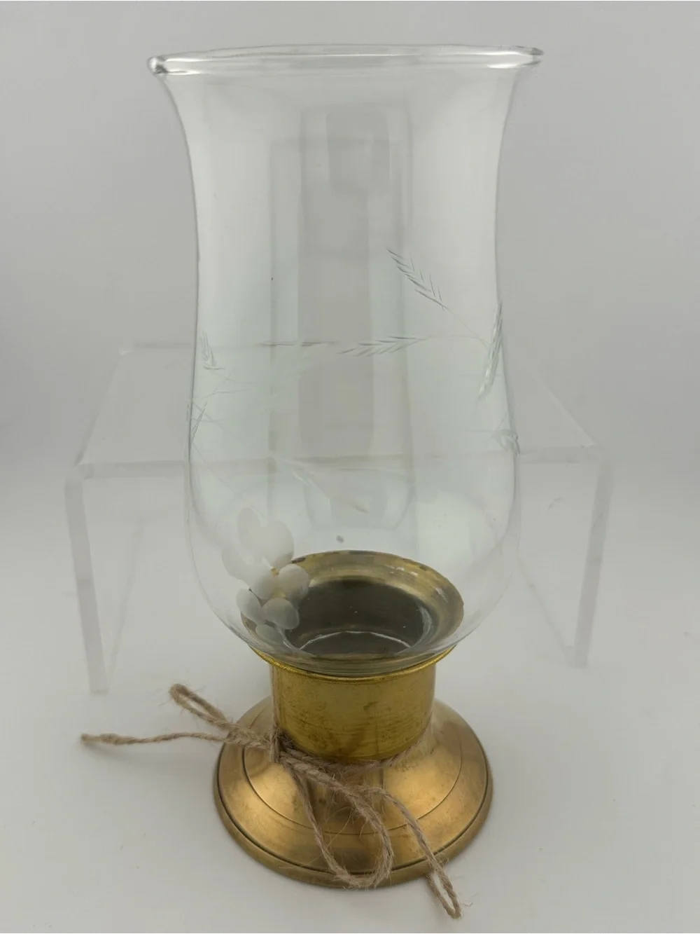 Vintage Brass Base Glass Hurricane Vase with etched Floral Accent